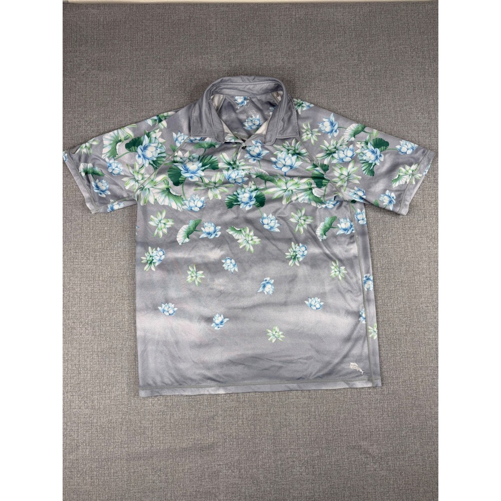 Tommy Bahama IslandZone Mens Medium Polo Shirt Grey Floral Lotus UPF 30 Golf